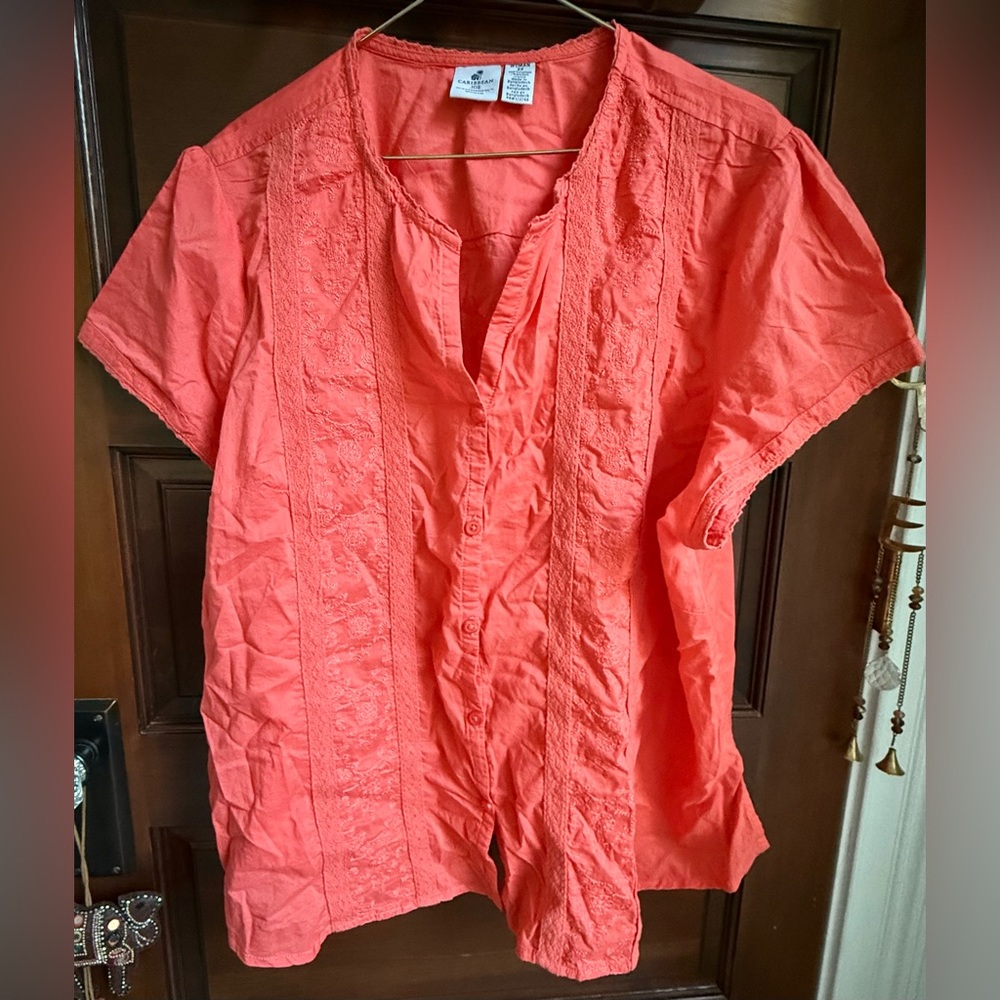 NWOT Caribbean Joe Plus Short Sleeved Bright Coral Blouse